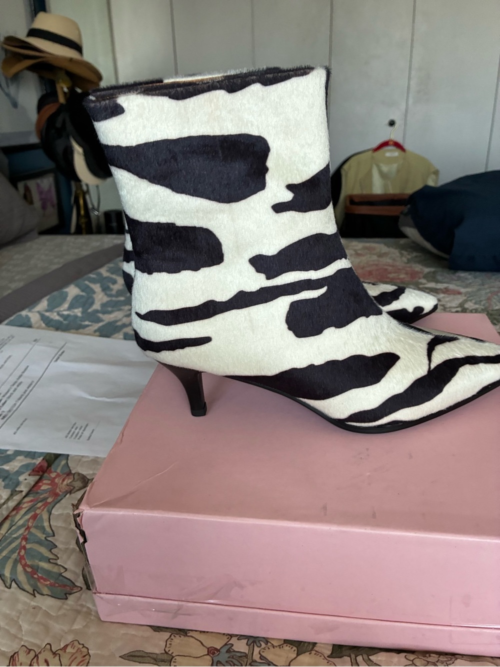 Zebra-Print Pointed Toe Ankle Booties - Black & White
